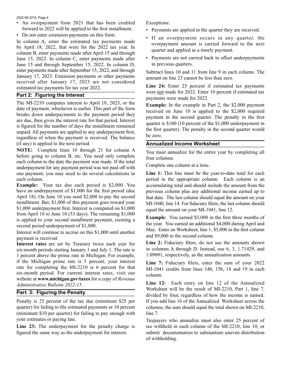 Form MI-2210 Michigan Underpayment of Estimated Income Tax - Michigan, Page 4