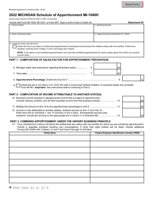 Form MI-1040H 2022 Printable Pdf