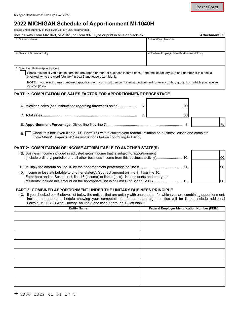 Form MI-1040H Michigan Schedule of Apportionment - Michigan, Page 1