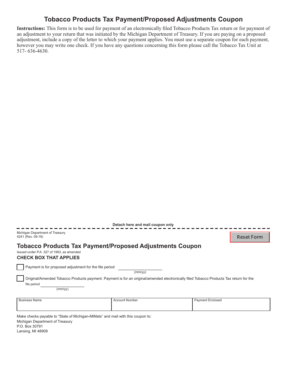 Form 4241 Tobacco Products Tax Payment / Proposed Adjustments Coupon - Michigan, Page 1