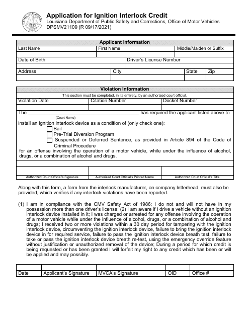 Form DPSMV21109 Application for Ignition Interlock Credit - Louisiana