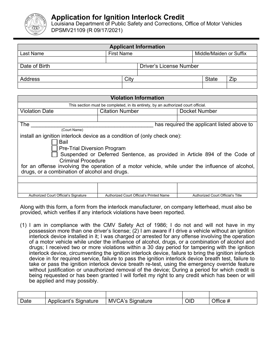 Form DPSMV21109 Application for Ignition Interlock Credit - Louisiana, Page 1