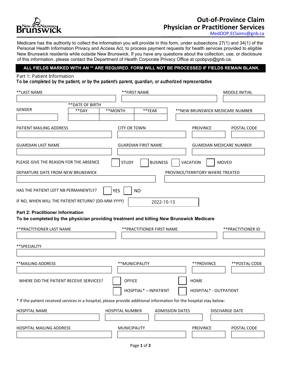 Out-Of-Province Claim Physician or Practitioner Services - New Brunswick, Canada, Page 1