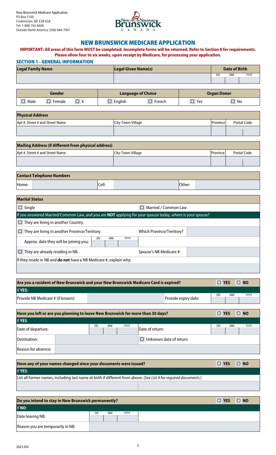 New Brunswick Medicare Application - New Brunswick, Canada, Page 1