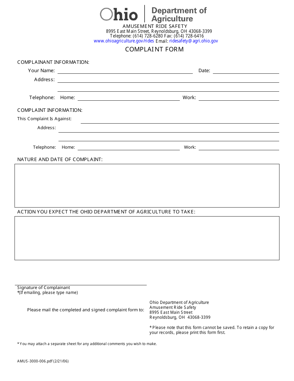 Form AMUS-3000-006 Ride Safety Complaint Form - Ohio, Page 1
