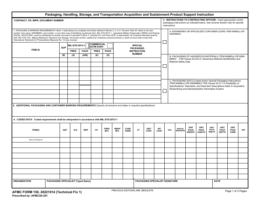 AFMC Form 158 Packaging, Handling, Storage, and Transportation Acquisition and Sustainment Product Support Instruction