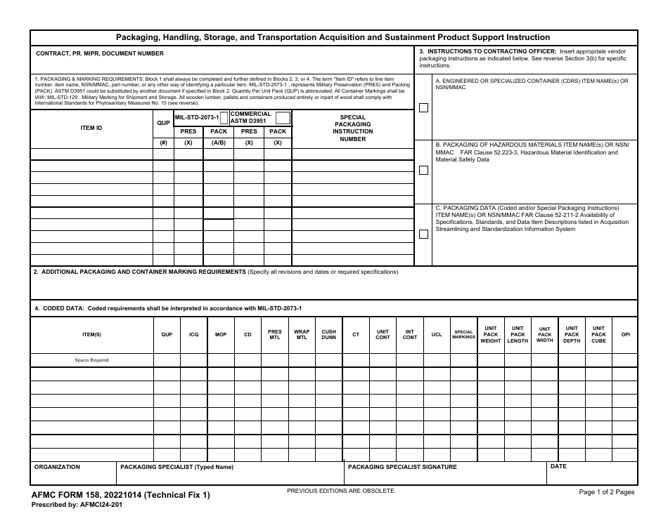 AFMC Form 158 Packaging, Handling, Storage, and Transportation Acquisition and Sustainment Product Support Instruction, Page 1