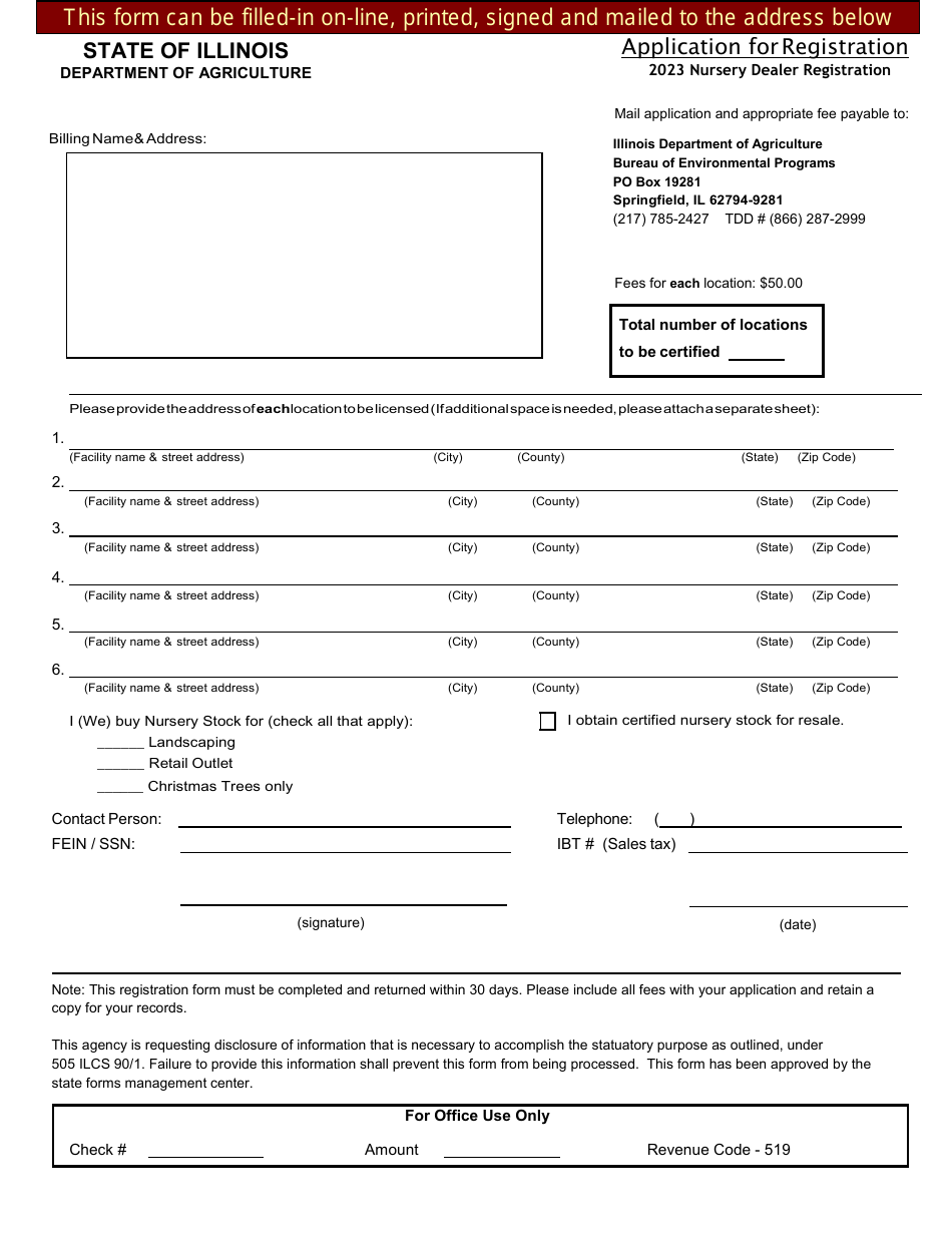 Nursery Dealer Registration Application - Illinois, Page 1
