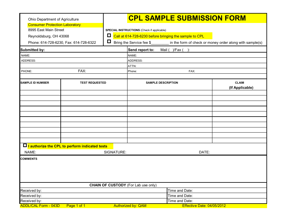 ADDL / CAL Form 043D Cpl Sample Submission Form - Ohio, Page 1