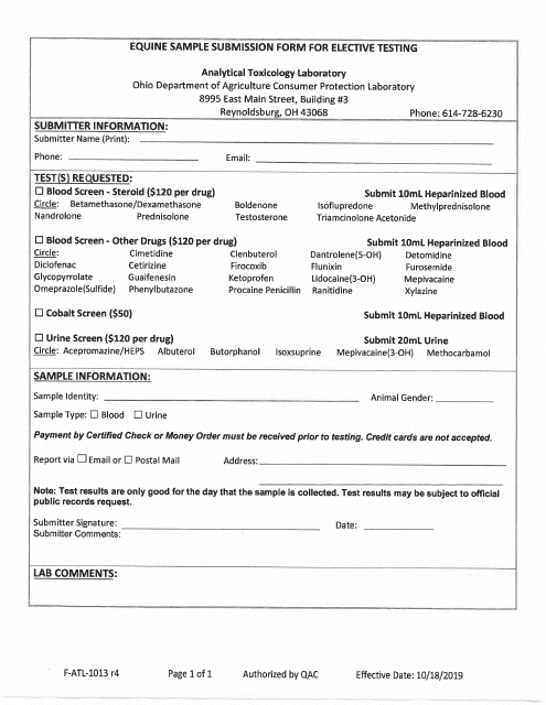 Form F-ATL-1013 Atl Sample Submission Form for Elective Testing - Ohio