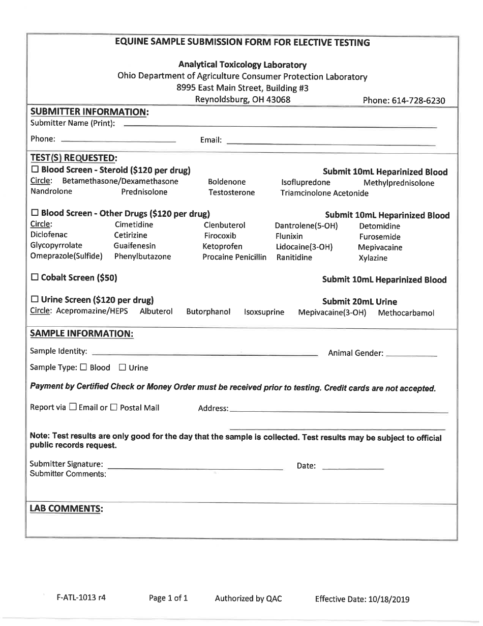 Form F-ATL-1013 Atl Sample Submission Form for Elective Testing - Ohio, Page 1
