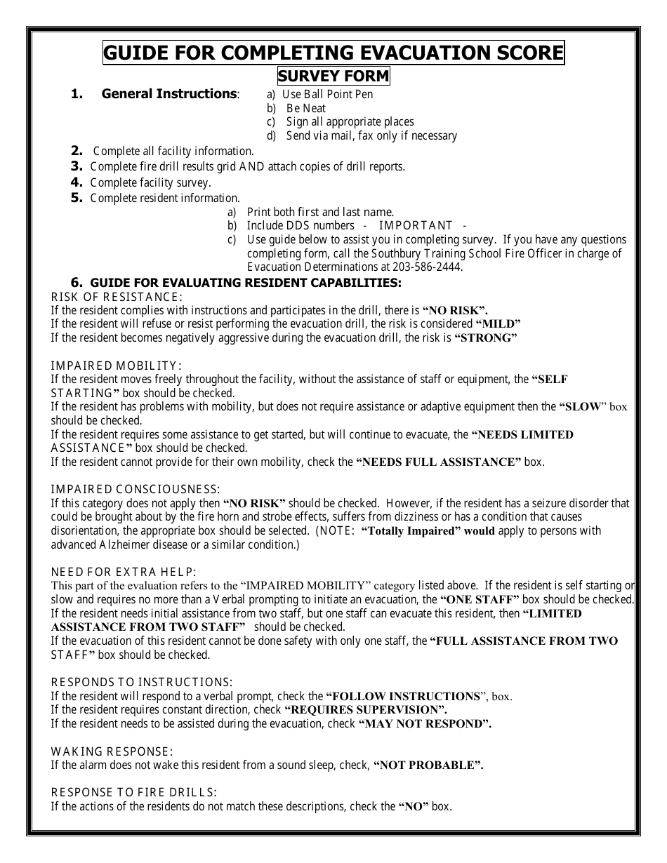 Instructions for Evacuation Score Survey Form - Connecticut, Page 1