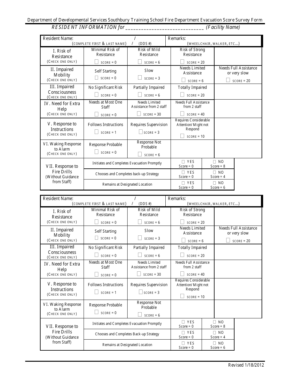 Evacuation Score Survey Form - Connecticut, Page 3