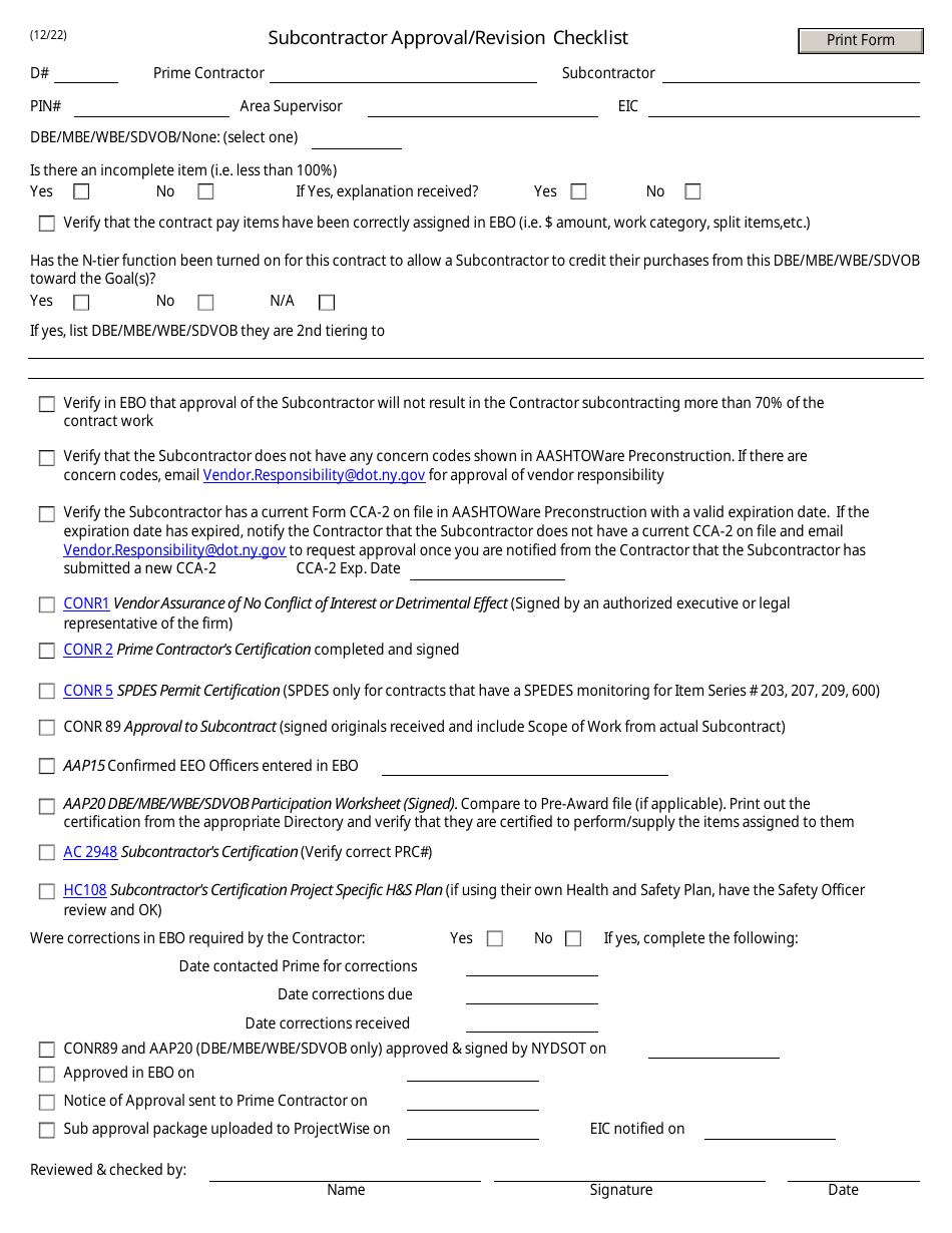 Subcontractor Approval / Revision Checklist - New York, Page 1