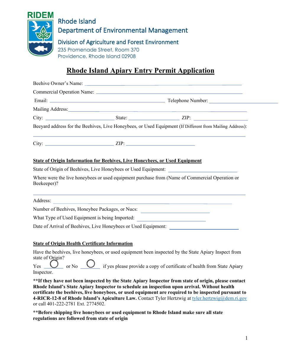 Rhode Island Apiary Entry Permit Application - Rhode Island, Page 1