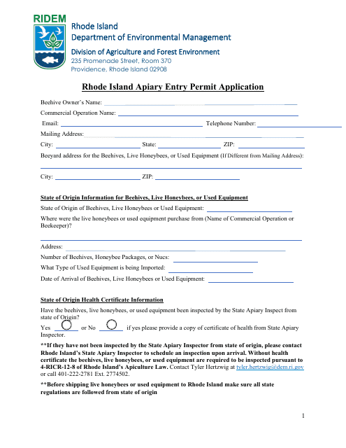 Rhode Island Apiary Entry Permit Application - Rhode Island Download Pdf