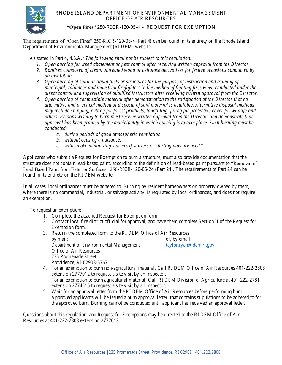 Rhode Island Open Fires Request for Exemption Fill Out, Sign Online