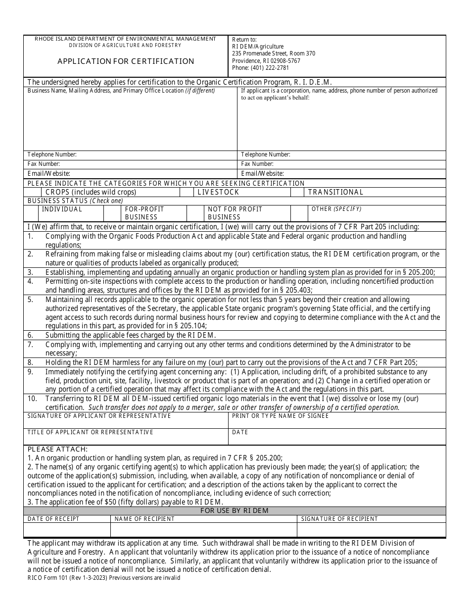 RICO Form 101 Application for Organic Certification - Rhode Island, Page 1