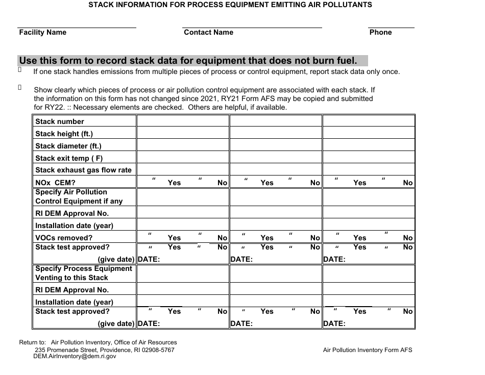 API Form AFS Stack Information for Process Equipment Emitting Air Pollutants - Rhode Island, Page 1