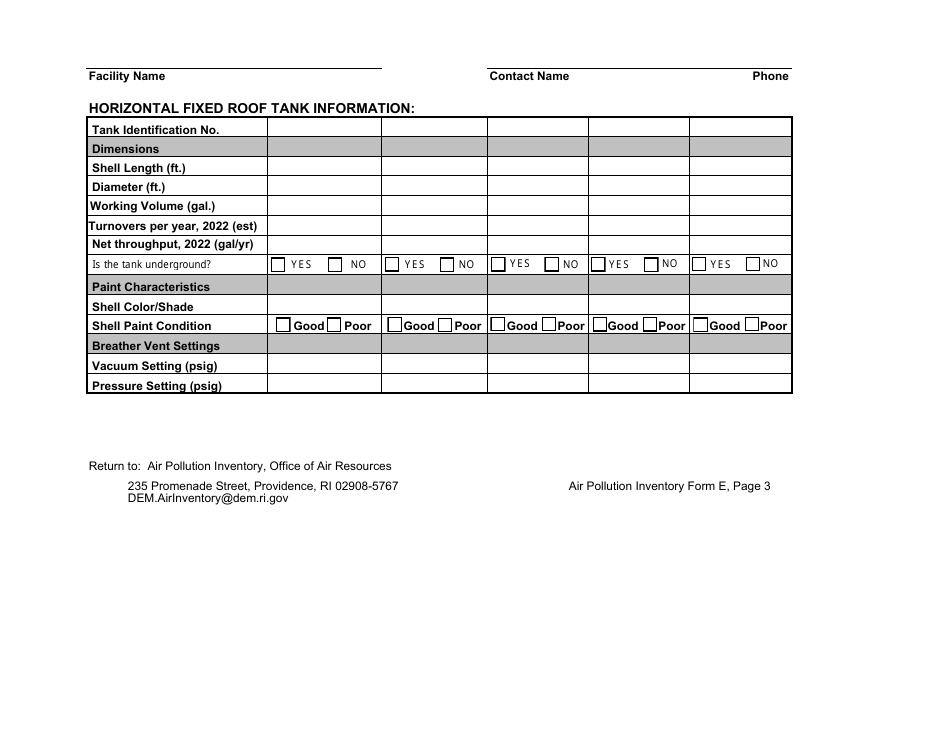 API Form E3 Horizontal Fixed Roof Tank - Rhode Island, Page 1