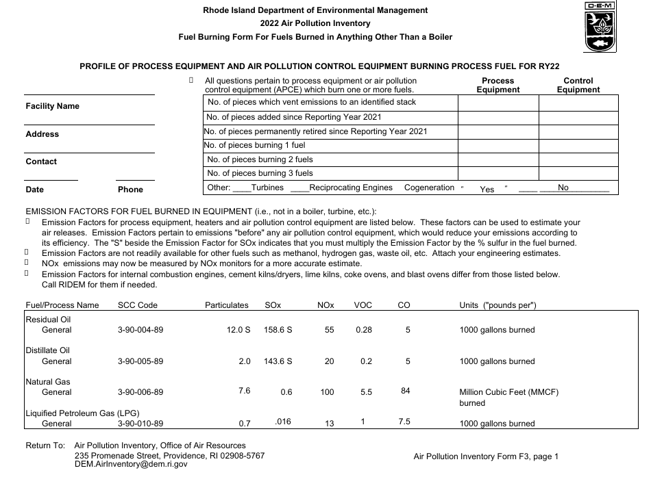 API Form F3 Fuel Burning Form for Fuels Burned in Anything Other Than a Boiler - Rhode Island, Page 1