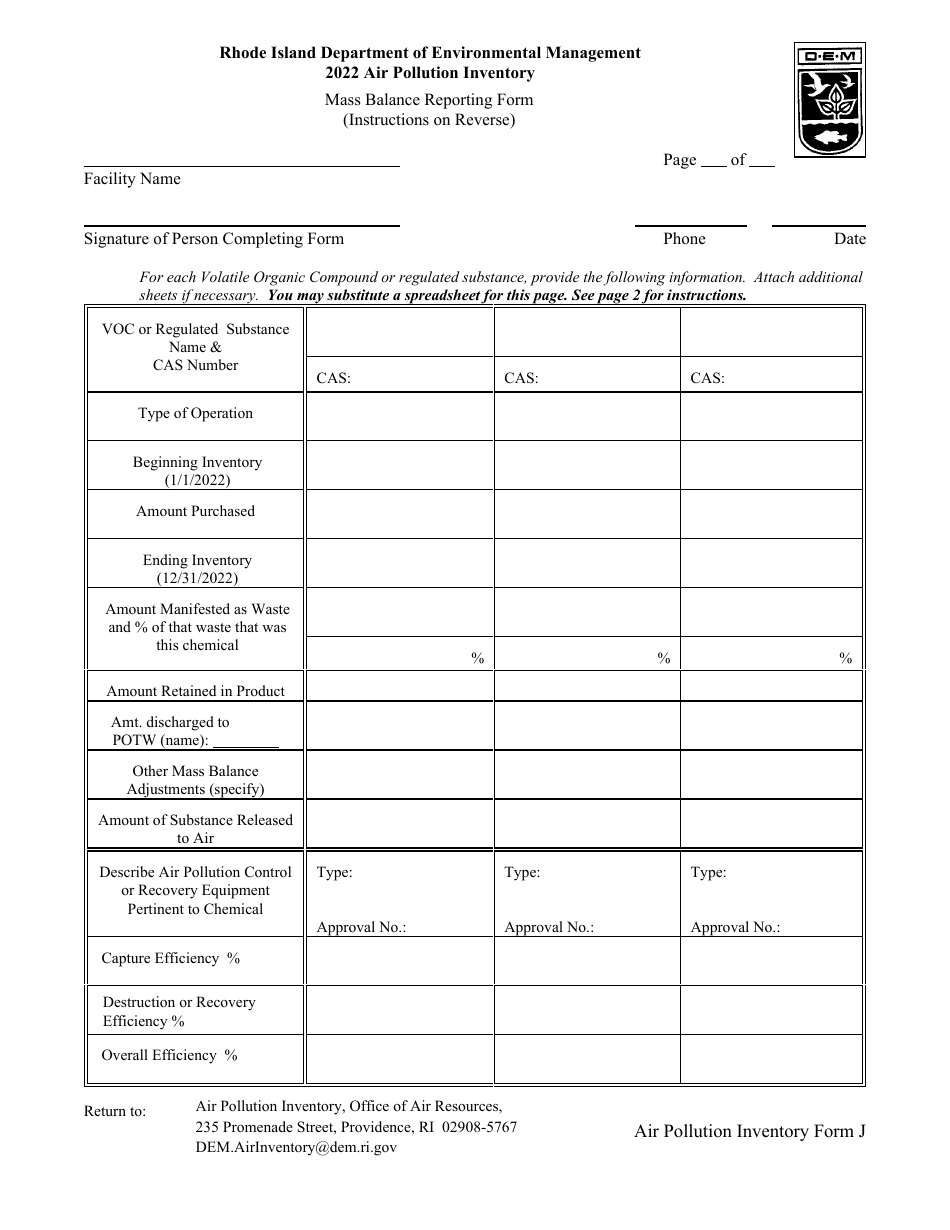 API Form J Mass Balance Reporting Form - Rhode Island, Page 1