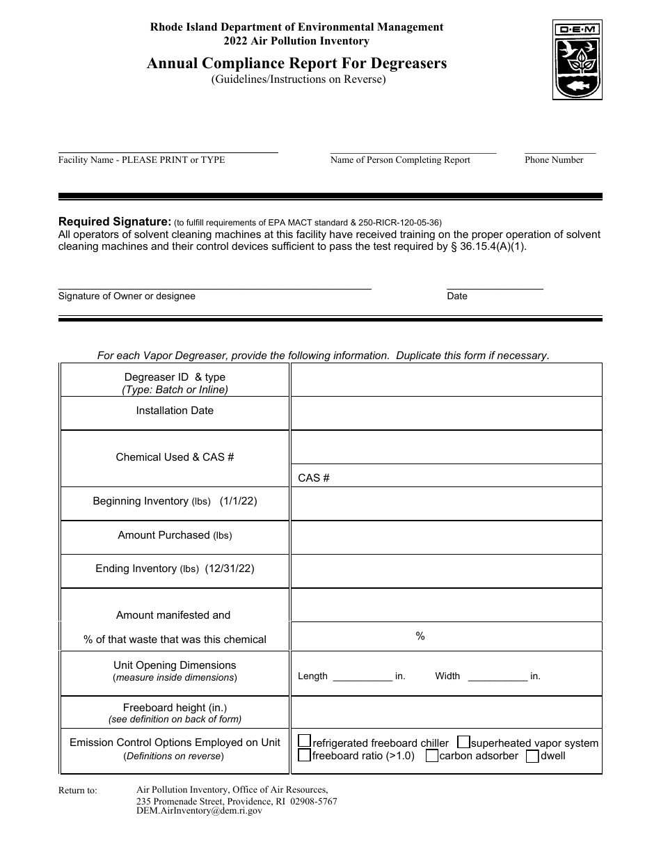 API Form M2 Annual Compliance Report for Degreasers - Rhode Island, Page 1