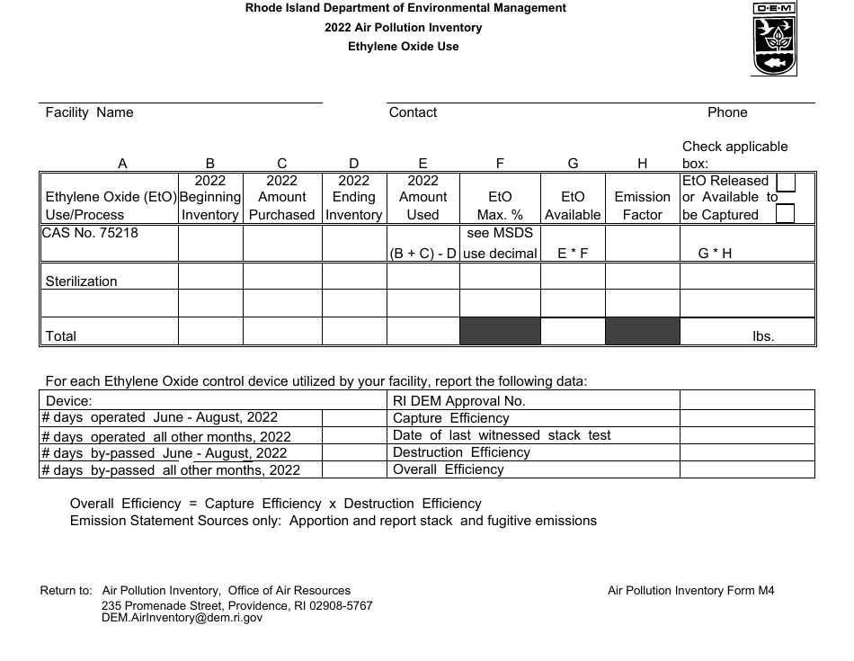 API Form M4 Ethylene Oxide Sterilization - Rhode Island, Page 1