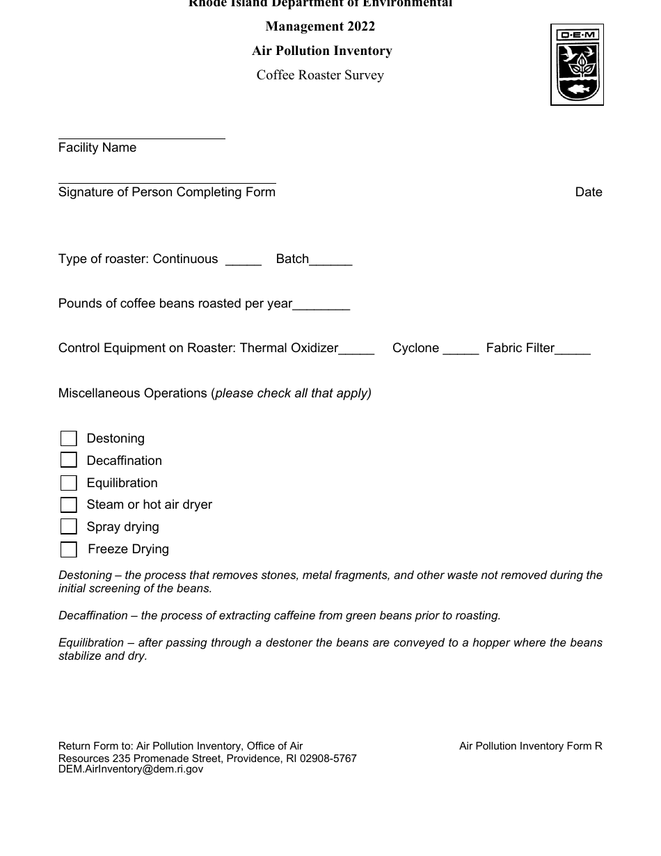 API Form R Coffee Roaster Survey - Rhode Island, Page 1