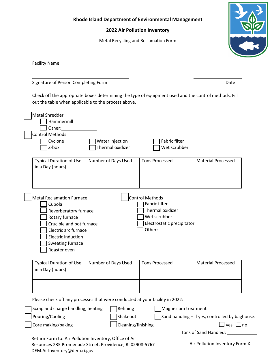 API Form X Metal Recycling and Reclamation Form - Rhode Island, Page 1
