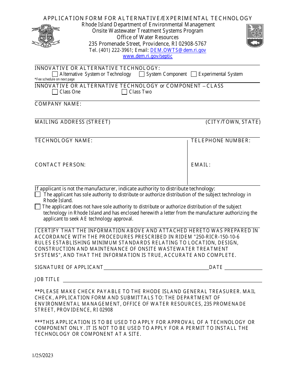 Rhode Island Application Form for Alternative/Experimental Technology ...