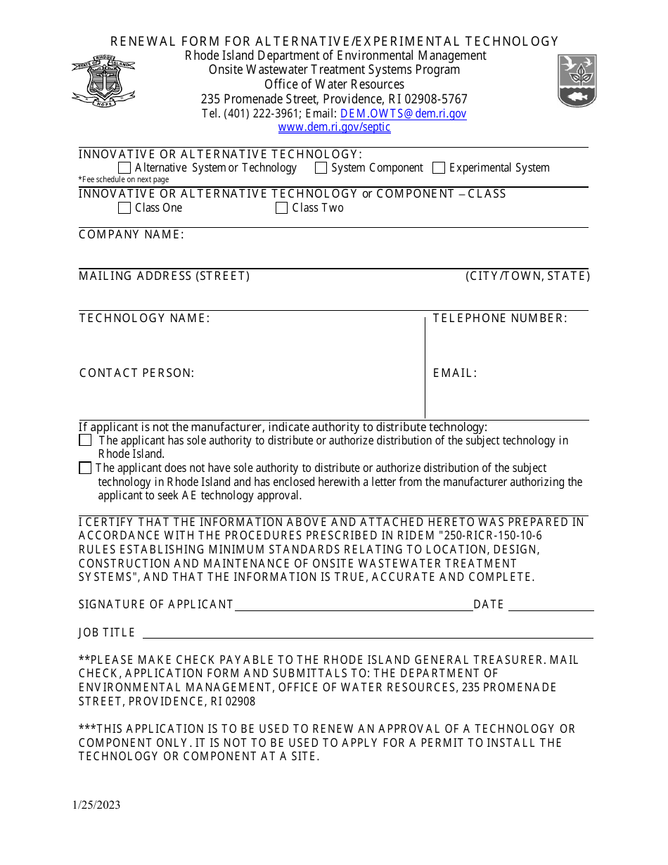 Renewal Form for Alternative / Experimental Technology - Rhode Island, Page 1