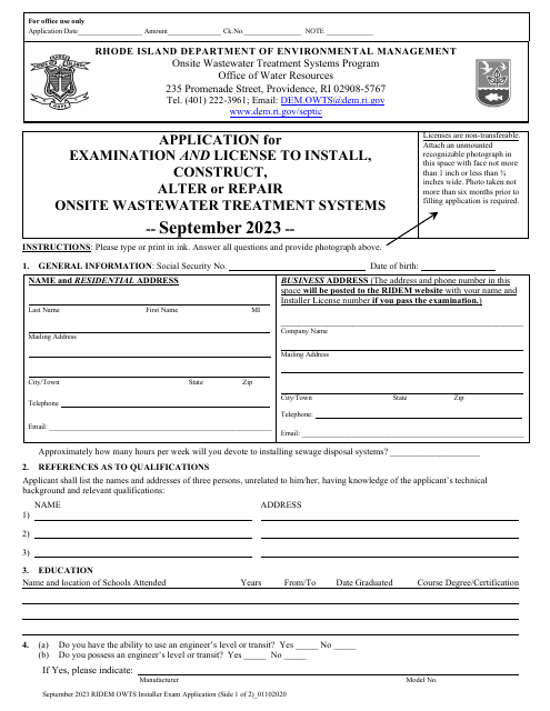 Application for Examination and License to Install, Construct, Alter or Repair Onsite Wastewater Treatment Systems - September - Rhode Island Download Pdf