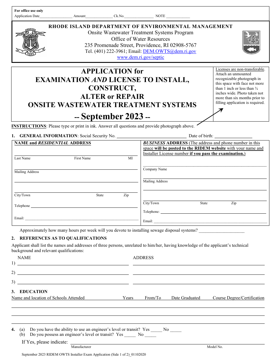 Application for Examination and License to Install, Construct, Alter or Repair Onsite Wastewater Treatment Systems - September - Rhode Island, Page 1