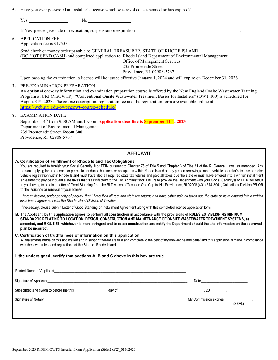 Application for Examination and License to Install, Construct, Alter or Repair Onsite Wastewater Treatment Systems - September - Rhode Island, Page 2
