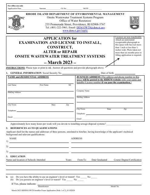 Application for Examination and License to Install, Construct, Alter or Repair Onsite Wastewater Treatment Systems - March - Rhode Island Download Pdf