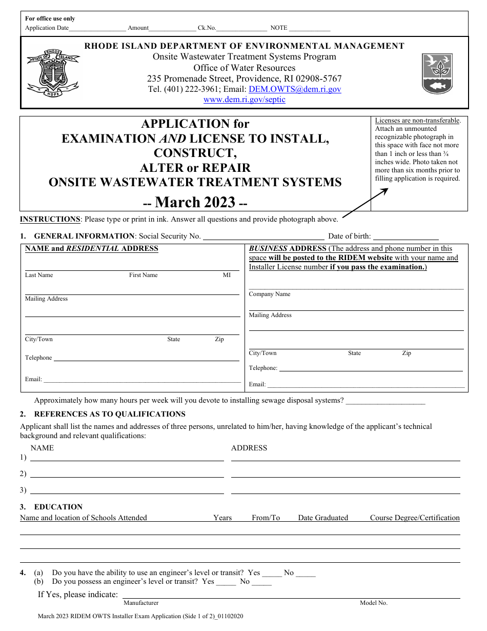 Application for Examination and License to Install, Construct, Alter or Repair Onsite Wastewater Treatment Systems - March - Rhode Island, Page 1