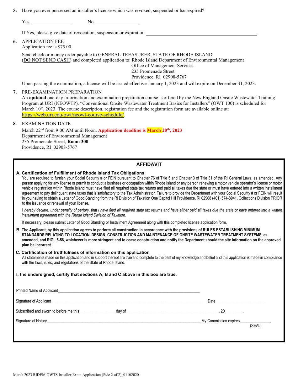 Application for Examination and License to Install, Construct, Alter or Repair Onsite Wastewater Treatment Systems - March - Rhode Island, Page 2