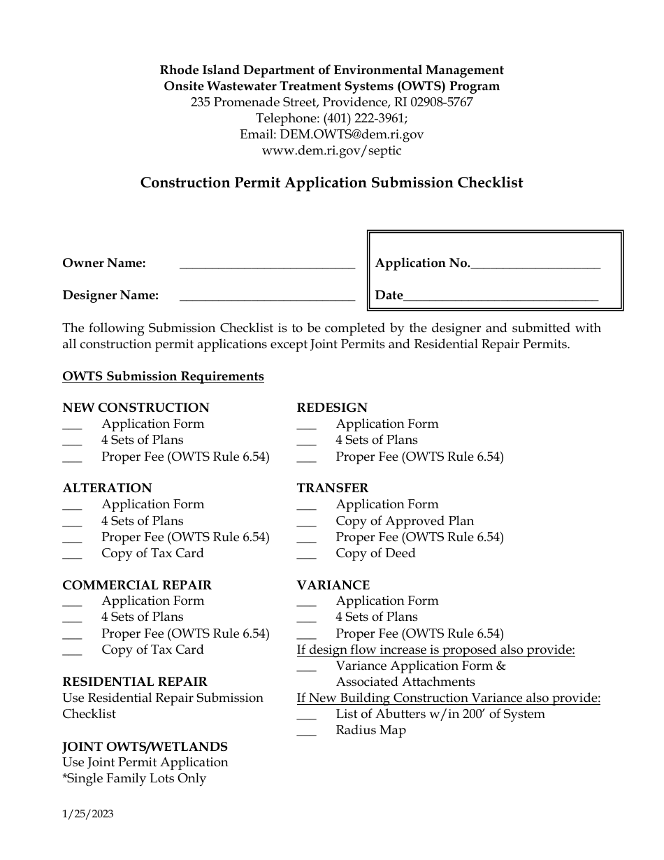 Construction Permit Application Submission Checklist - Rhode Island, Page 1