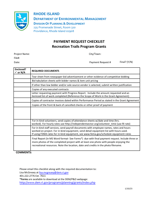 Payment Request Checklist - Recreation Trails Program Grants - Rhode Island Download Pdf