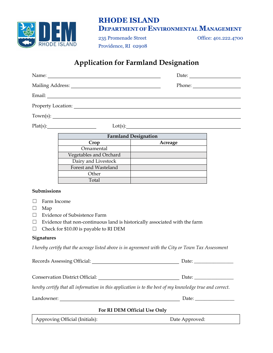 Application for Farmland Designation - Rhode Island, Page 1