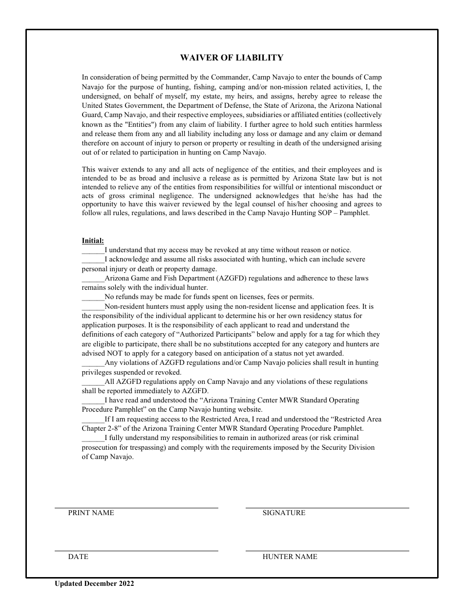 Waiver of Liability - Arizona, Page 1