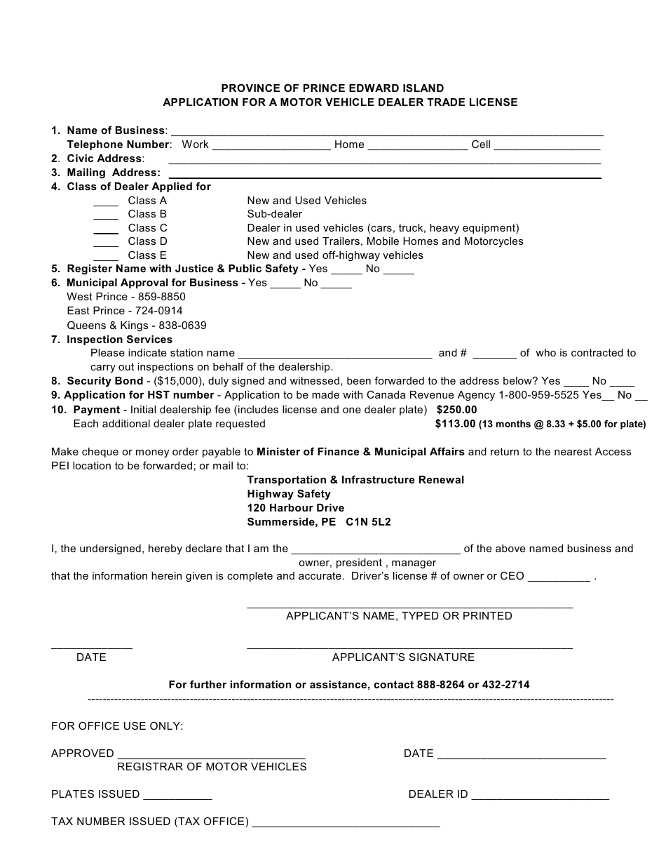Application for a Motor Vehicle Dealer Trade License - Prince Edward Island, Canada, Page 1