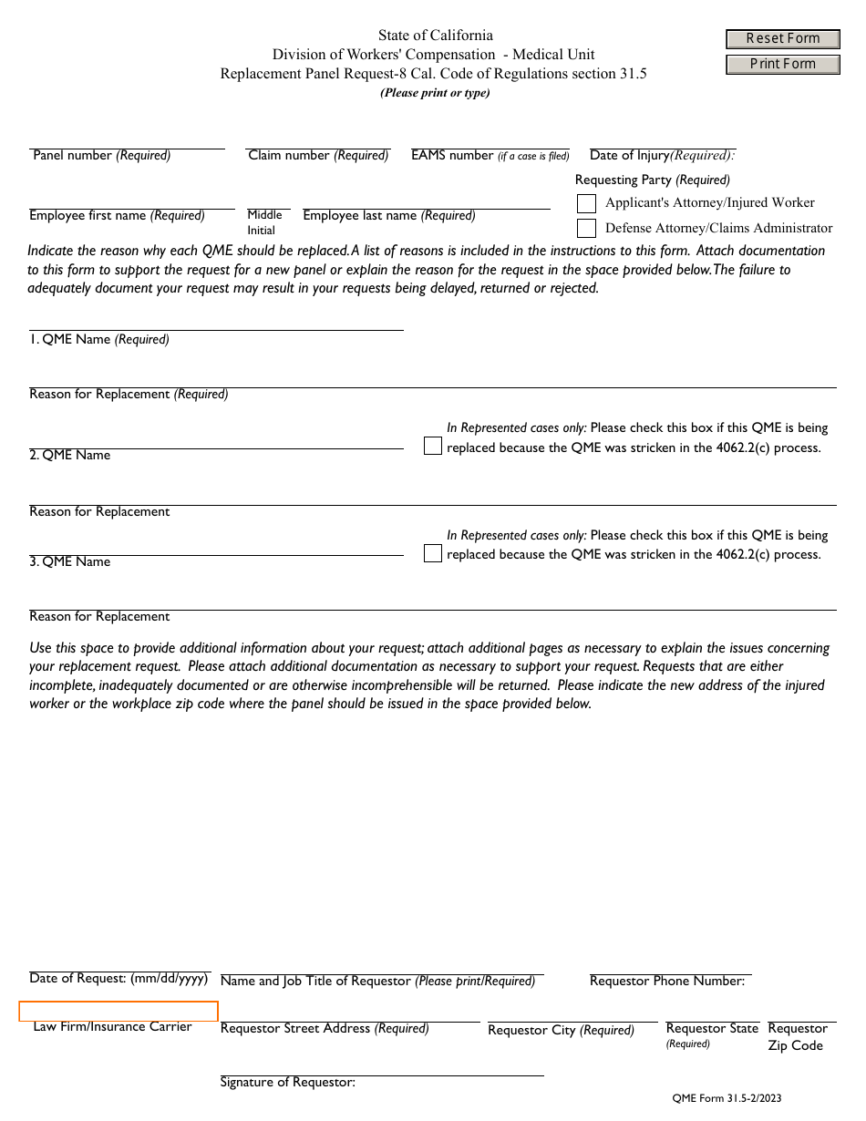 QME Form 31.5 Replacement Panel Request - California, Page 1