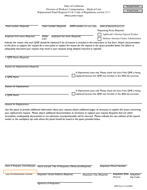 QME Form 31.5 Replacement Panel Request - California
