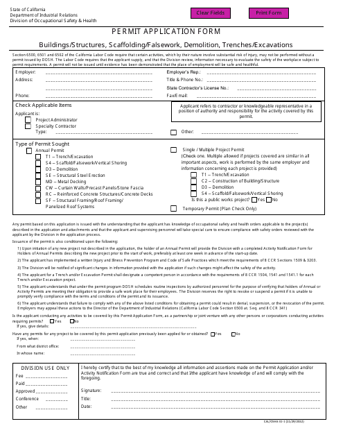 Cal/OSHA Form 41-1 Permit Application Form - Buildings/Structures, Scaffolding/Falsework, Demolition, Trenches/Excavations - California