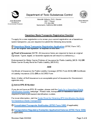 Document preview: Hazardous Waste Transporter Registration Checklist - California