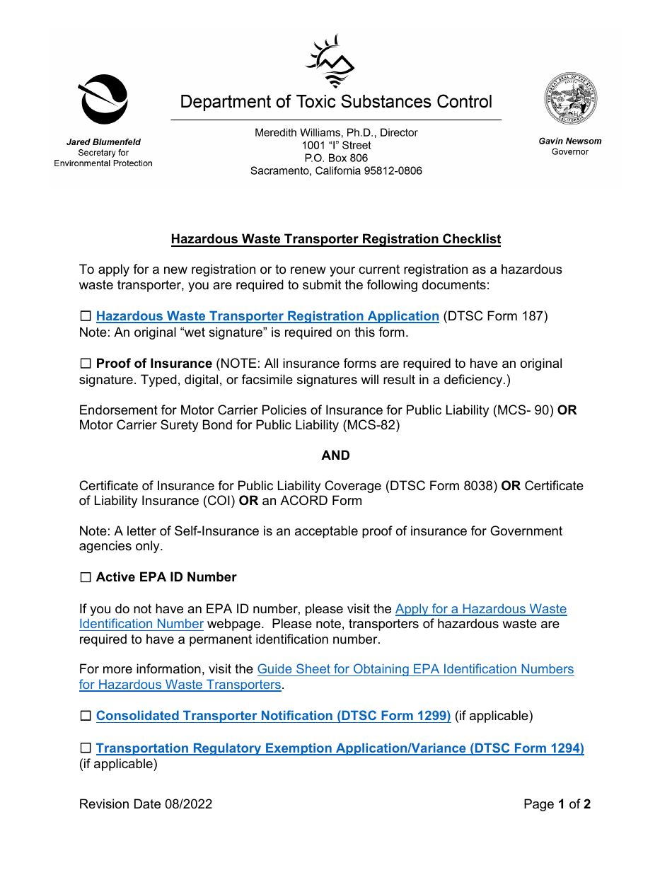 Hazardous Waste Transporter Registration Checklist - California, Page 1