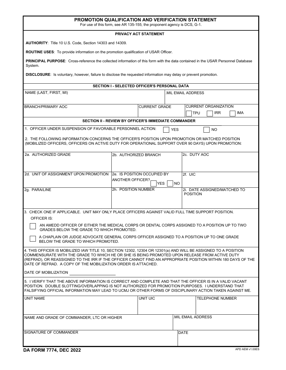 DA Form 7774 Promotion Qualification and Verification Statement, Page 1