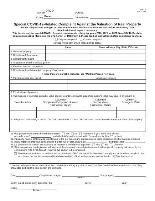 Form DTE1A Special Covid-19-related Complaint Against the Valuation of Real Property - Butler County, Ohio, 2022